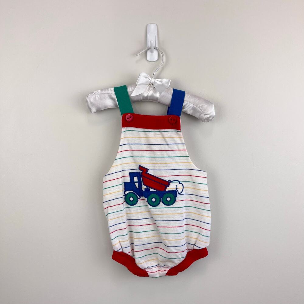 Vintage Healthtex Rainbow Striped Dump Truck Sunsuit Romper 12 Months USA
